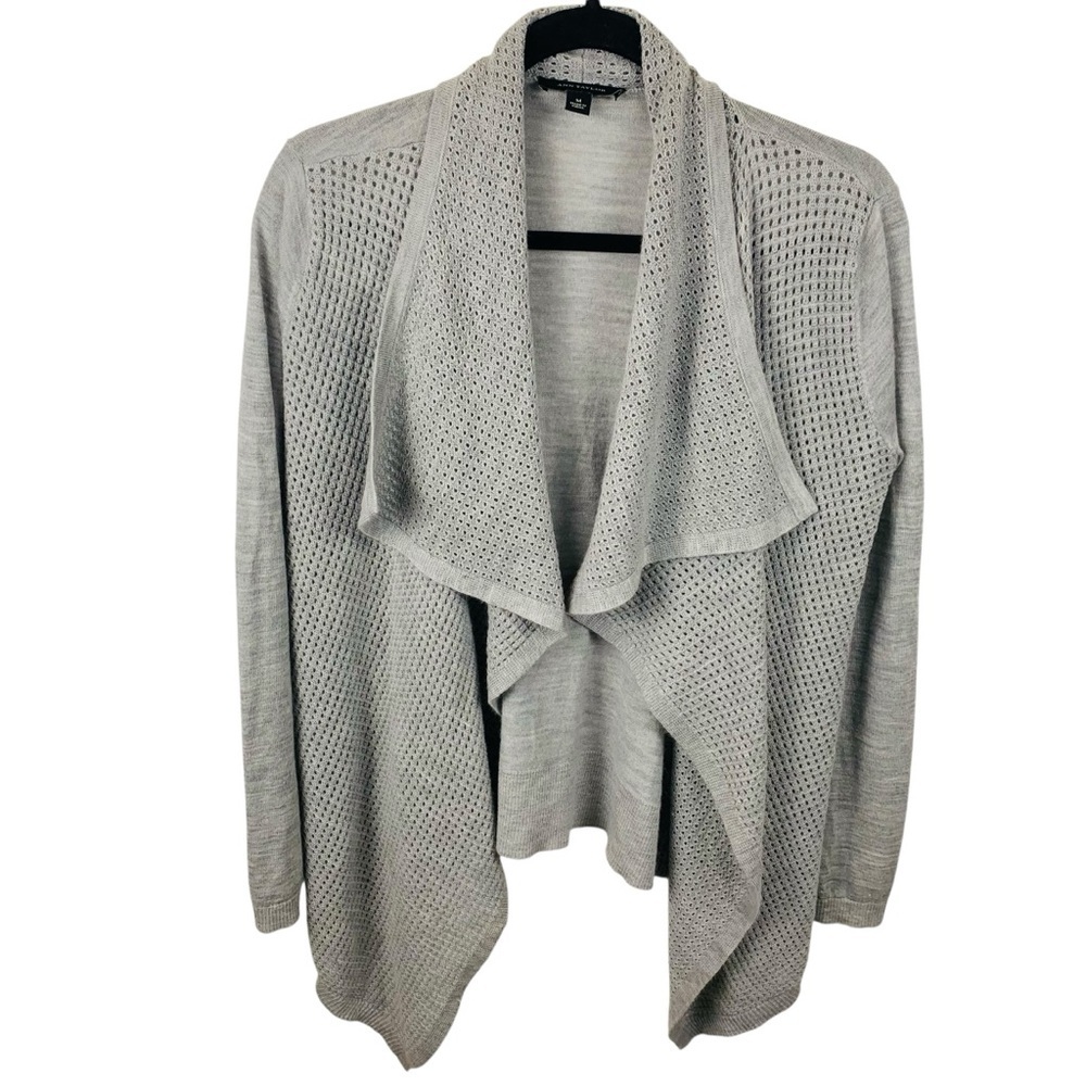 Ann Taylor M Light Grey Pointelle Merino Blend Open Cardigan Waterfall Collar